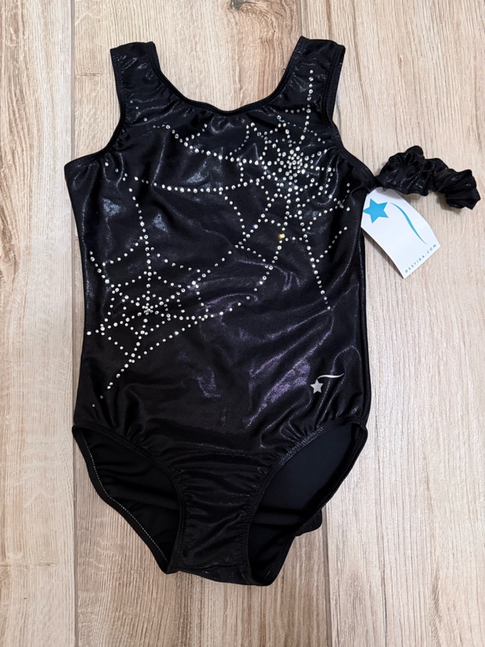 NWT Destira Black Widow Spiderweb Rhinestone Gymnastics Leotard & Scrunchie